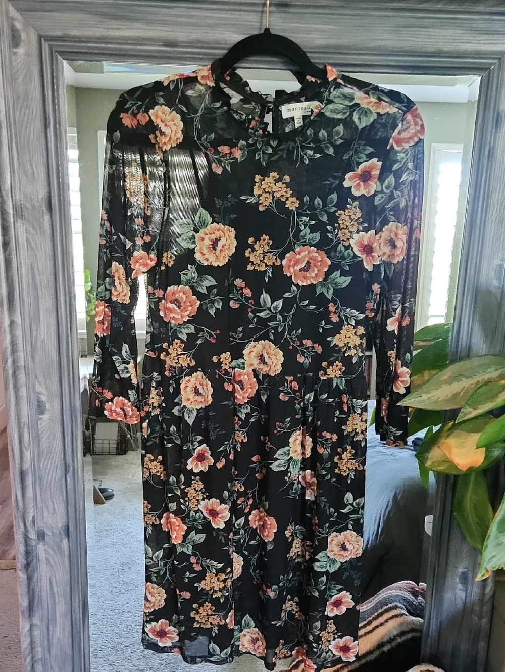 Monteau Black Floral Long Sleeve Midi Dress with Blooms